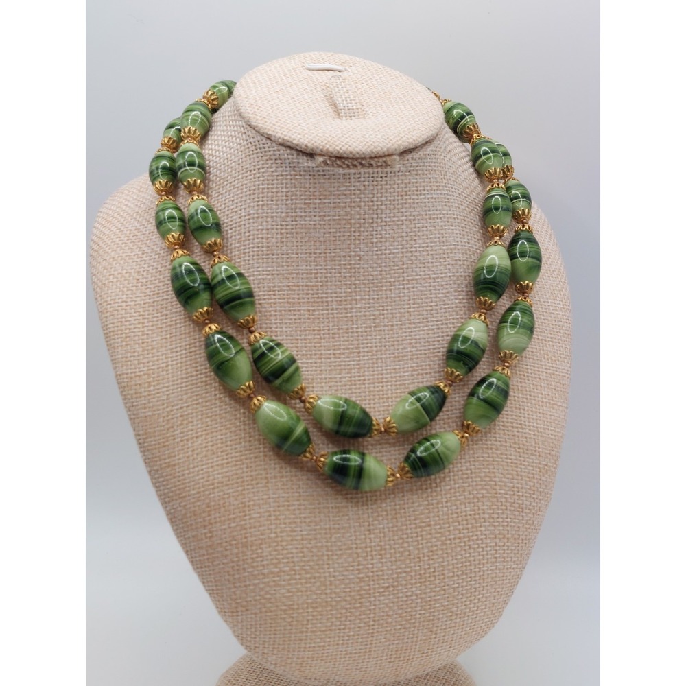 1970s Trifari Necklace Choker Green Striped Beaded Double Strand Gold Vintage